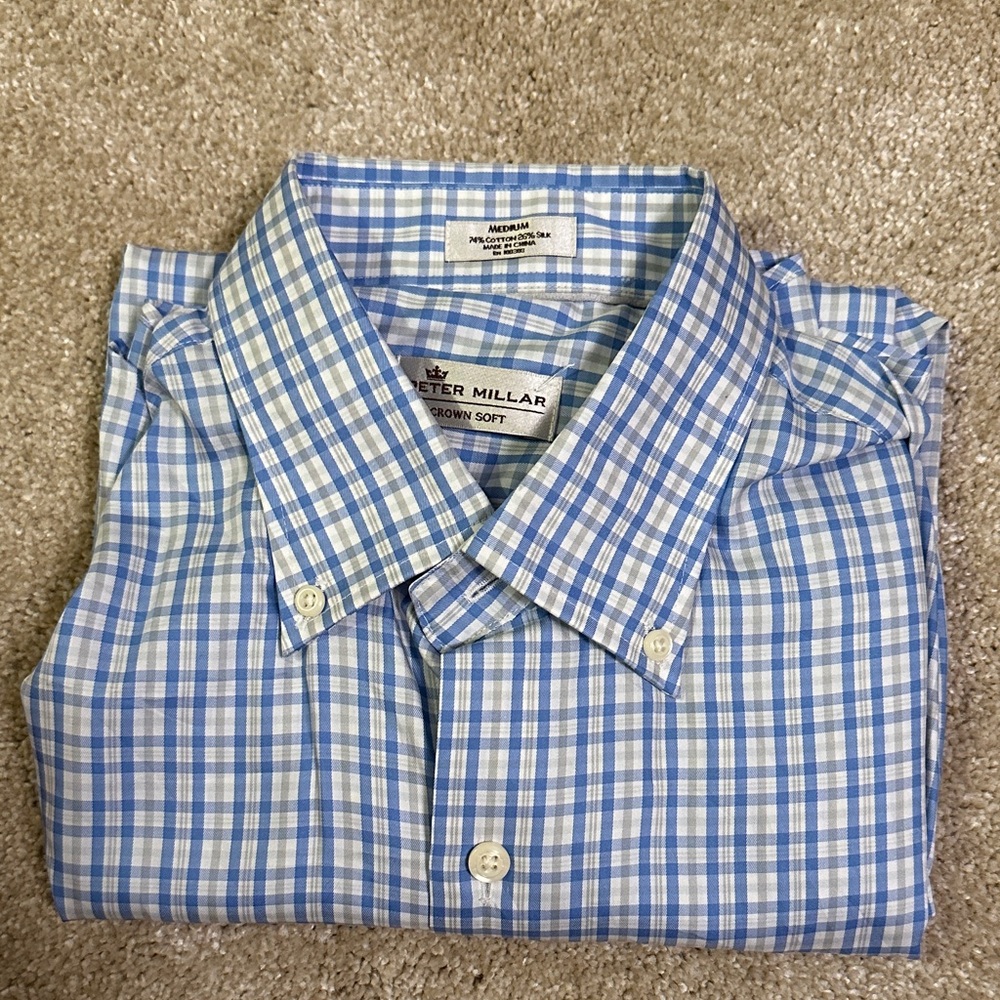 Peter Millar Light Blue and White Plaid Shirt